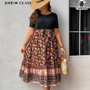 SHEIN Black and Brown Floral Midi Dress